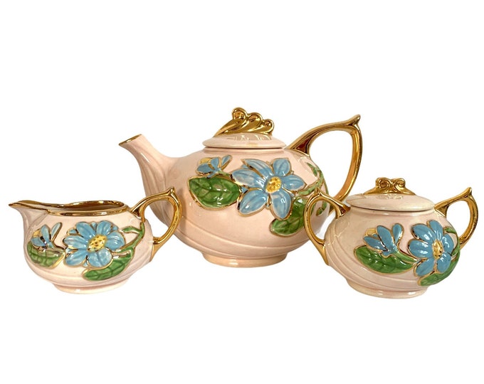 Vintage 3 Pc Set Hull Art Teapot Sugar & Creamer - 1940s Retro Kitchen Pottery H-20 Blue Magnolia Set Tea w/ Gold Accents