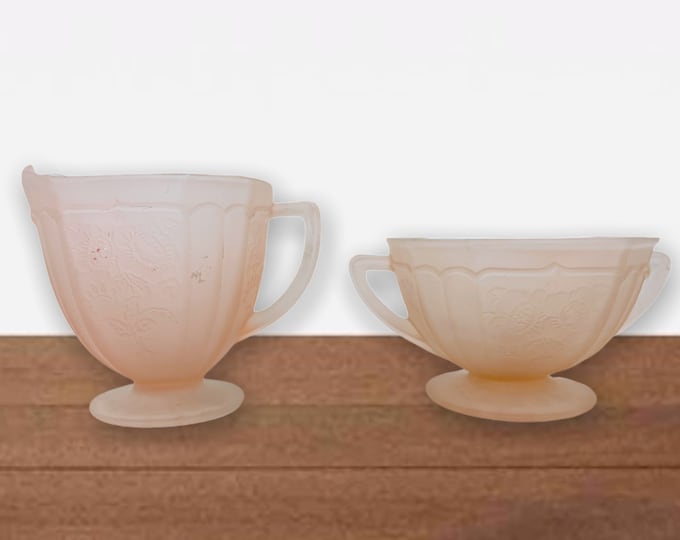 Mayfair Pink Depression Satin Glass Footed Sugar & Creamer w/ Raised Flowers - Antique Frosted Glass Unique Kitchen Serving 1930s Vintage