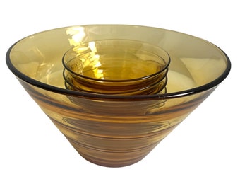 6 Pc Vintage Amber Glass Salad Bowls - Set of Six Round Ribbed Glass Bowls - Dining Serving Entertaining