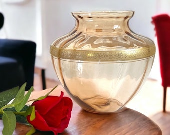 Vintage Tiffin Franciscan Rambler Rose Vase w/Gold Trim - Pink Bulbous Glass Home Decor - Retro Embossed Paneled Bowl Ca 1930s