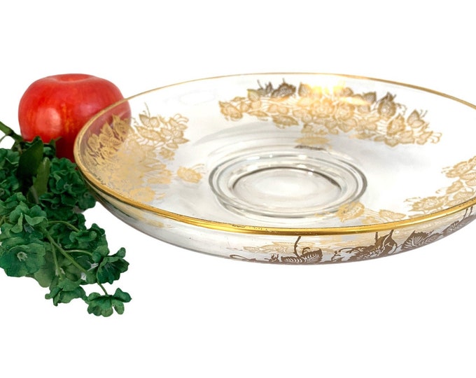 Vintage Gold Encrusted Glass Bowl / Centerpiece Low Dish Retro Kitchen Serving Home Decor - Round Floral & Leaf Design