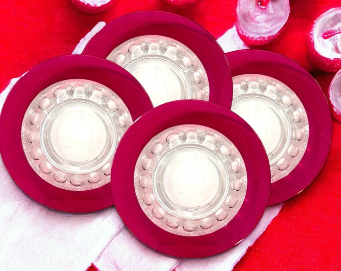 4 Vintage King's Crown Tiffin Franciscan Clear w/ Red Flash Glass Luncheon Plates - Lunch Plates - Four Vintage Retro Era Tableware Dishes