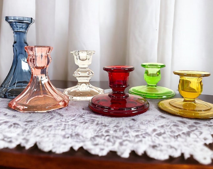 Vintage Glass Candleholders Mix 2nd Time Around Collection - 6 Retro Colorful Home Decor Candlestick Holders Depression Era thru Mid Century