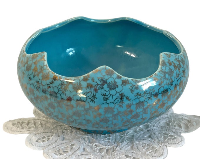 Pioneer Pottery Bowl Blue w/ 22K Gold Trim - Round Retro Home Decor Dish w/ Scalloped Edge No 303