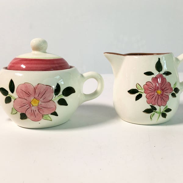 Mid Century Stangl Wild Rose Sugar & Creamer - Sugar Bowl with Lid -  Vintage Kitchenware Pottery - Retro Serving White w/ Pink Flowers