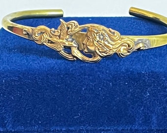 Antique Art Nouveau Brass Cuff Bracelet w/ Woman & Flowing Hair - Retro Vintage Estate Jewelry ca 1920s