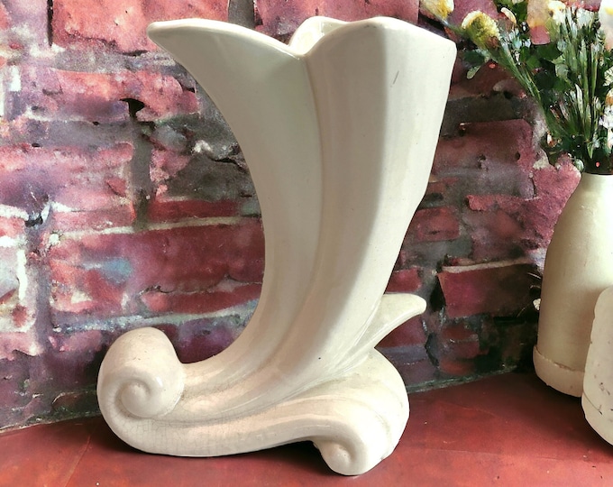 Vintage Off-White Ceramic Horn Vase - Table Vase w/ Panels & Curled End - Mid century Retro Home Decor