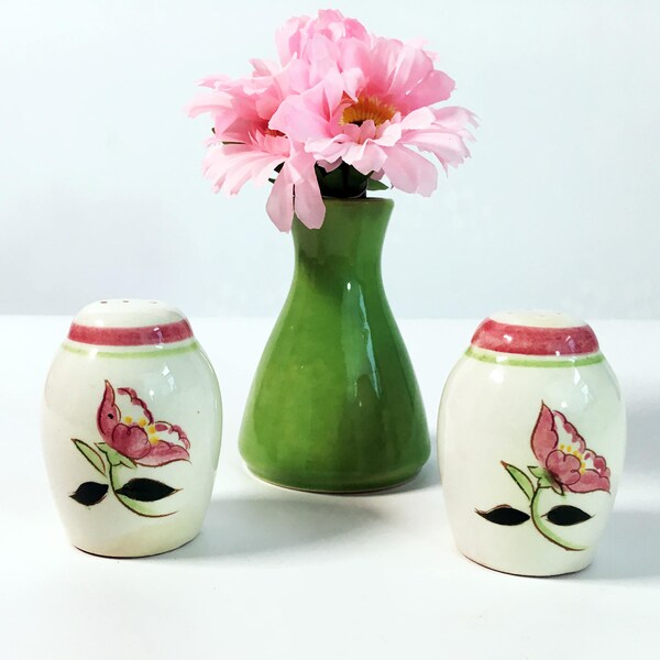 Mid Century Stangl Wild Rose Salt & Pepper Shaker Set -  Vintage Pottery - Retro Serving White w/ Pink Flowers Kitchen Decor or Collectible