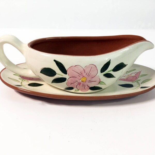 Mid Century Stangl Wild Rose Gravy Boat & Underplate -  Vintage Kitchenware Pottery - Retro Serving White w/ Pink Flowers