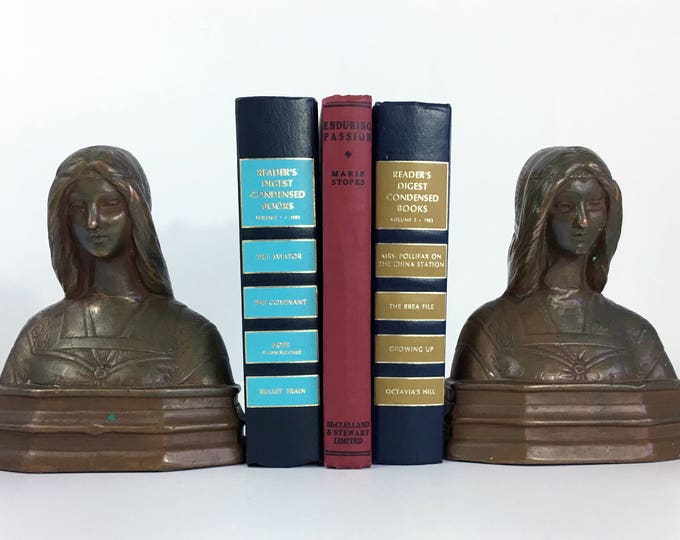 Vintage / Antique Copper Bookends Beatrice from Dante Inferno - 2 Heavy Metal Bust Bookends - Retro Home, Office or Library Decor