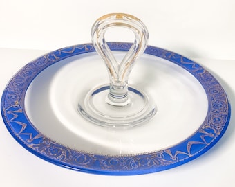 Vintage Cobalt Blue & Gold Glass Tidbit Tray: Center Handle Serving Dish