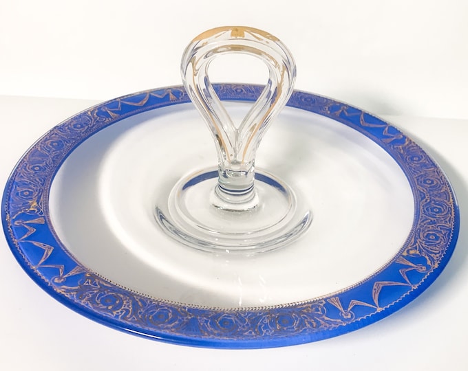 Vintage Center Handle Glass Tidbit Tray w/ Cobalt Blue & Gold Trim - Retro Depression Glass Snack Serving Dish Circa 1940s - Ribbon Flower