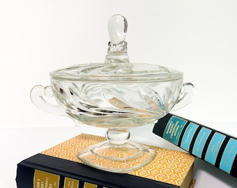 Vintage Clear Glass Pedestal Round Covered Candy Dish Ornate w/ 2 Handles - Wedding Decor - Unusual Mid Century Lidded Candy Display Jar