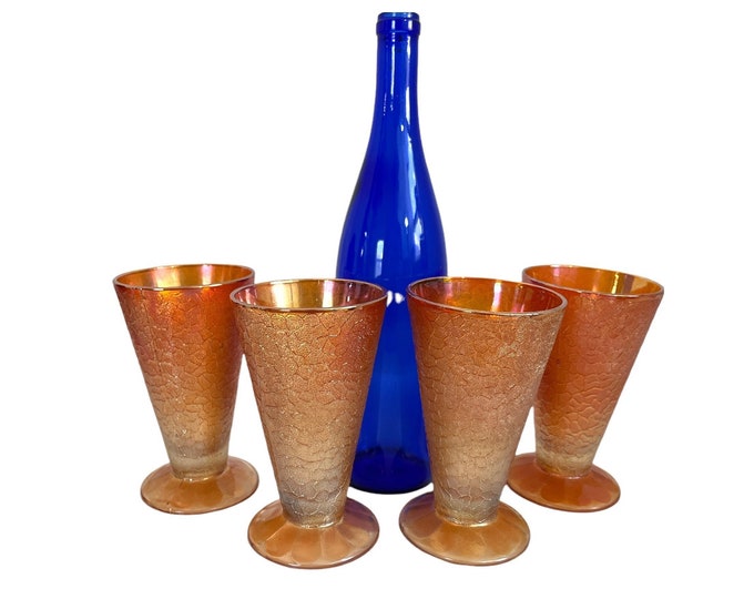 4 Vintage Crackle Marigold Large Tumbler Glasses by Jeanette - Iced Tea Retro Depression Era Carnival Glass - Tall Textured Set 4 Drinkware