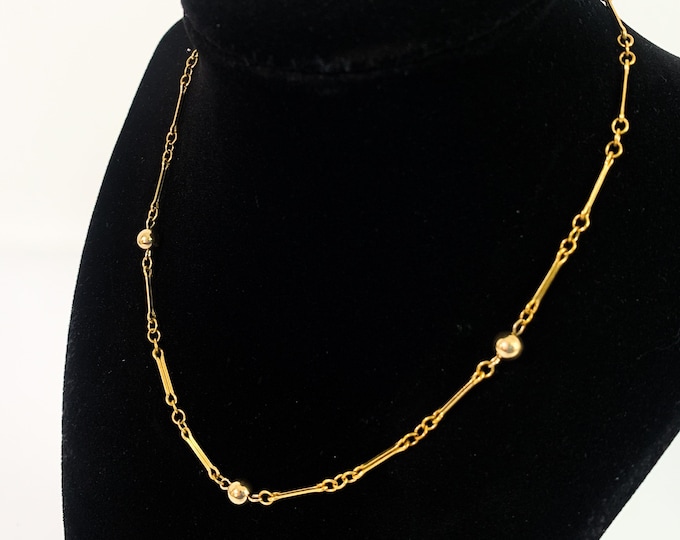 Vintage 12K Gold Filled Bar Chain w/ Beads Choker Necklace - Link & Ball Necklace  - Retro Mid century Classic Accessory Gift for Girl Woman