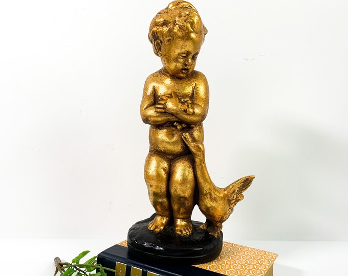 Vintage Statue Child w/ Goose by Aldo Mencarini #112 - Gold Cherub on Black Base Figurine Mid Century Retro Home Library Decor - Mid century