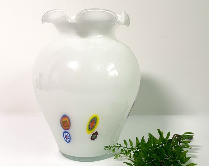 Vintage Cased Art Glass Vase White Ruffled Edge w/ Milifiore - Mid Century Home Decor Possible MURANO - Retro Art Glass