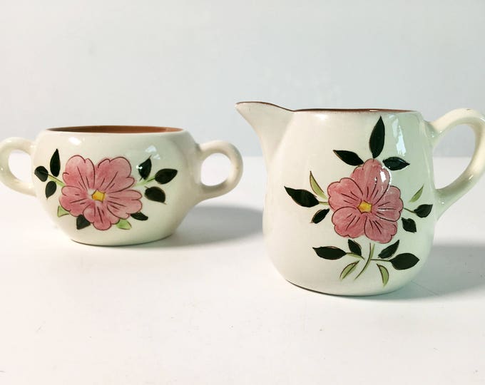 Mid Century Stangl Wild Rose Open Sugar & Creamer - Sugar Bowl w/ No Lid -  Vintage Kitchenware Pottery Retro Serving White w/ Pink Flowers