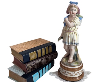 Antique Bisque Girl w/ Fish Statue - Round Gold & Black Base - Germany Painted Porcelain Vintage Home Decor Day of Fishing Figurine
