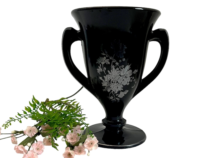 Black Depression Glass Double Handled Footed Vase w/ Silver Flower & Trim by LE Smith Co - Trophy Shape Round Base - Vintage Home Decor