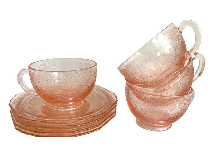 4 Hazel Atlas Florentine Pink Depression Glass Footed Cups & Saucers ca 1930s - Florentine 1 Floral Pattern Retro Kitchen Serving Display