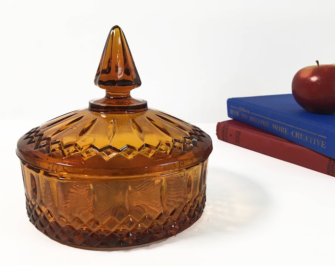 Vintage Princess Amber by Indiana Glass Candy Dish Dark Amber Candy Jar w/ Lid, Brown Jar Lidded - Retro Home or Kitchen Decor