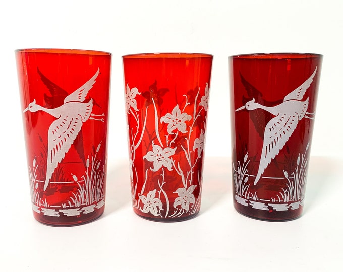 Vintage Set 3 Red Depression Glasses w/ White Designs Flower and Bird Crane Heron - Three Retro Tumblers