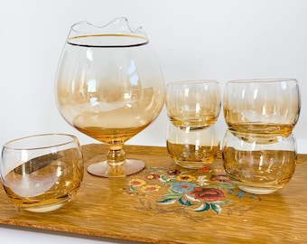Vintage Peach Glass Cocktail Set: Gold Trim Pitcher & Roly Poly Glasses