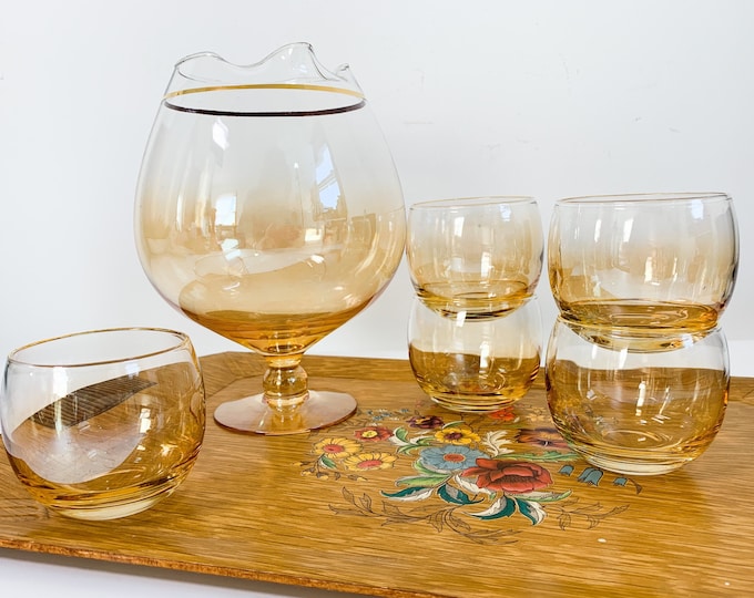 6 Pc Set Vintage Peach  Glass w/ Thin Gold Line Trim Cocktail Martini Set - 5 Roly Poly Glasses w/ Pitcher - Mad Men Mid Century Barware