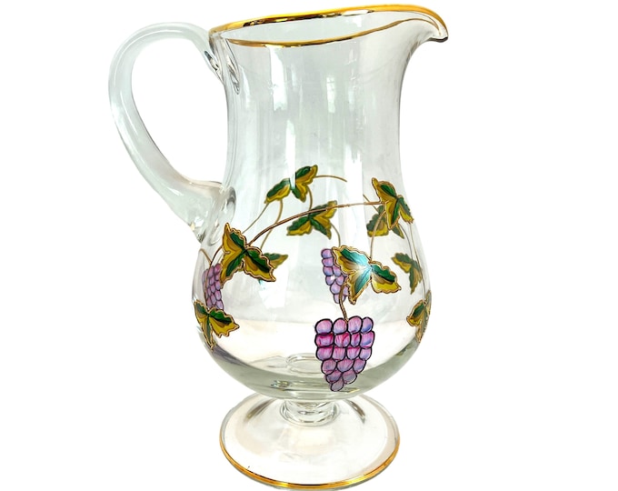 Vintage Retro Romanian Glass Modern Large Pitcher - Applied Grape Clusters & Leaf on Clear - Crystal Clear Company 22K Gold Trim