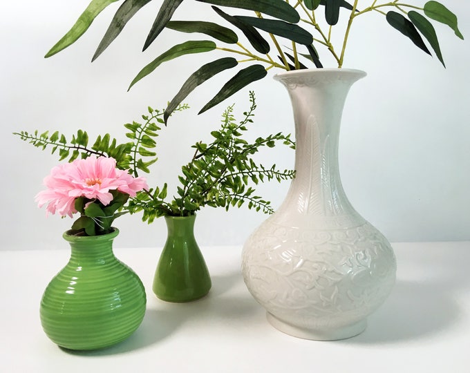 Vintage Ivory Reproduction Celadon Vase - Ornate Vine Leaf Greek Key Reproduction Chinese Porcelain Celadon -  Signed MMA Dated 1994