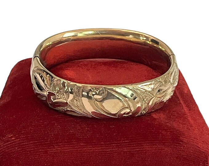 Vintage Gold Plated  Bangle Bracelet w/ Ornate Repousse Design - Early to Mid Century Estate Jewelry w/ Engraved Name