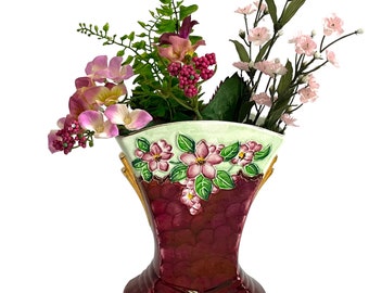 Vintage Art Deco Maling Newcastle on TYNE England Fan Vase - Spring Rose / Light & Dark Green Pink Red - Retro English Pottery