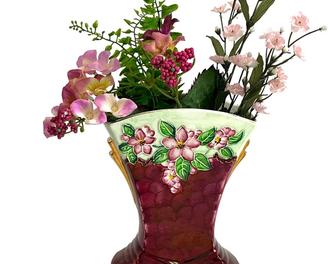 Vintage Art Deco Maling Newcastle on TYNE England Fan Vase - Spring Rose / Light & Dark Green Pink Red - Retro English Pottery