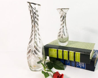 Vintage Pair Silver on Crystal Vases Matching 2 Sizes Glass w/ Fern Leaf Design - Silver City Meriden CT Tall & Short Vases Late Mid century