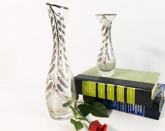 Vintage Pair Silver on Crystal Vases Matching 2 Sizes Glass w/ Fern Leaf Design - Silver City Meriden CT Tall & Short Vases Late Mid century