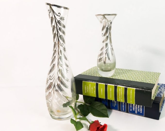 Vintage Pair Silver on Crystal Vases Matching 2 Sizes Glass w/ Fern Leaf Design - Silver City Meriden CT Tall & Short Vases Late Mid century