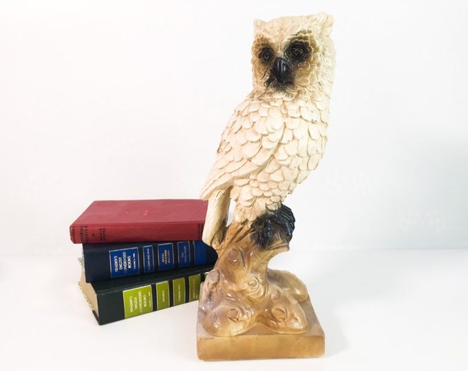 Large Vintage Owl Statue Chalkware Bird - Woodland Cabin / Cottage Decor - Nature Wildlife Library Home Decor - Retro Wise Owl