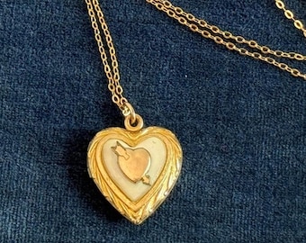 Vintage 10K Gold Filled Heart Locket Necklace on 14K GF Chain - Small Retro Era w/ Faux Mother of Pearl & 2 Photo Wells - Gift Woman Girl