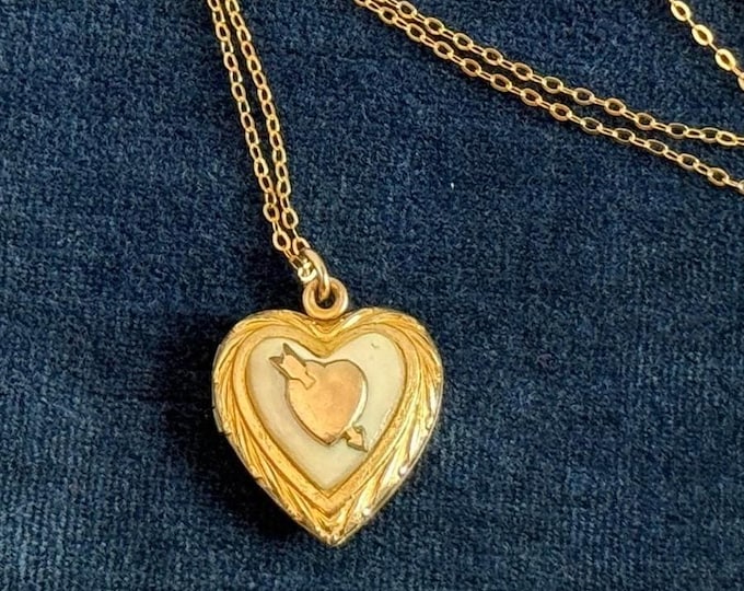 Vintage 10K Gold Filled Heart Locket Necklace on 14K GF Chain - Small Retro Era w/ Faux Mother of Pearl & 2 Photo Wells - Gift Woman Girl