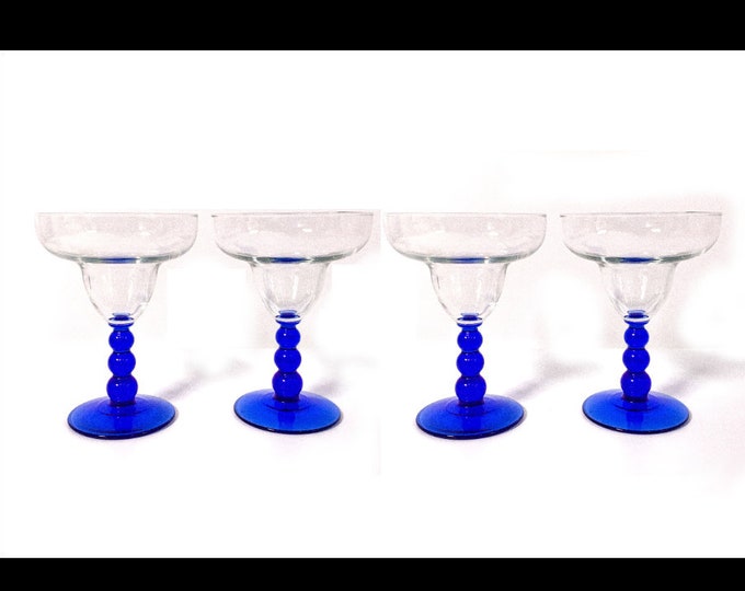 4 Vintage Margarita Glasses in Metropolis Blue (Mediterranean) by LIBBEY Glass Company - Vintage set of Four Blue Stem w/ 3 Balls Clear Bowl
