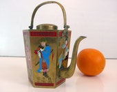 Teapot Vintage Brass Chinese Teapot Hexagonal Shape w Enameled Figures - Brass w Cloisonné Design Tea Pot Taiwan