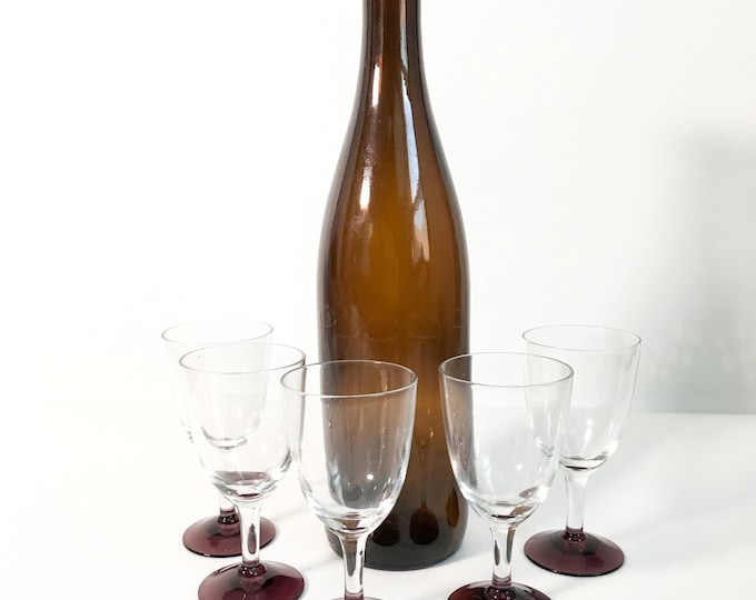 5 Vintage Purple Base Cordial Wine Glasses Set of 5 Cordials - Small Retro Purple w/ Clear Stem & Bowl Barware Stemware - dinner parties