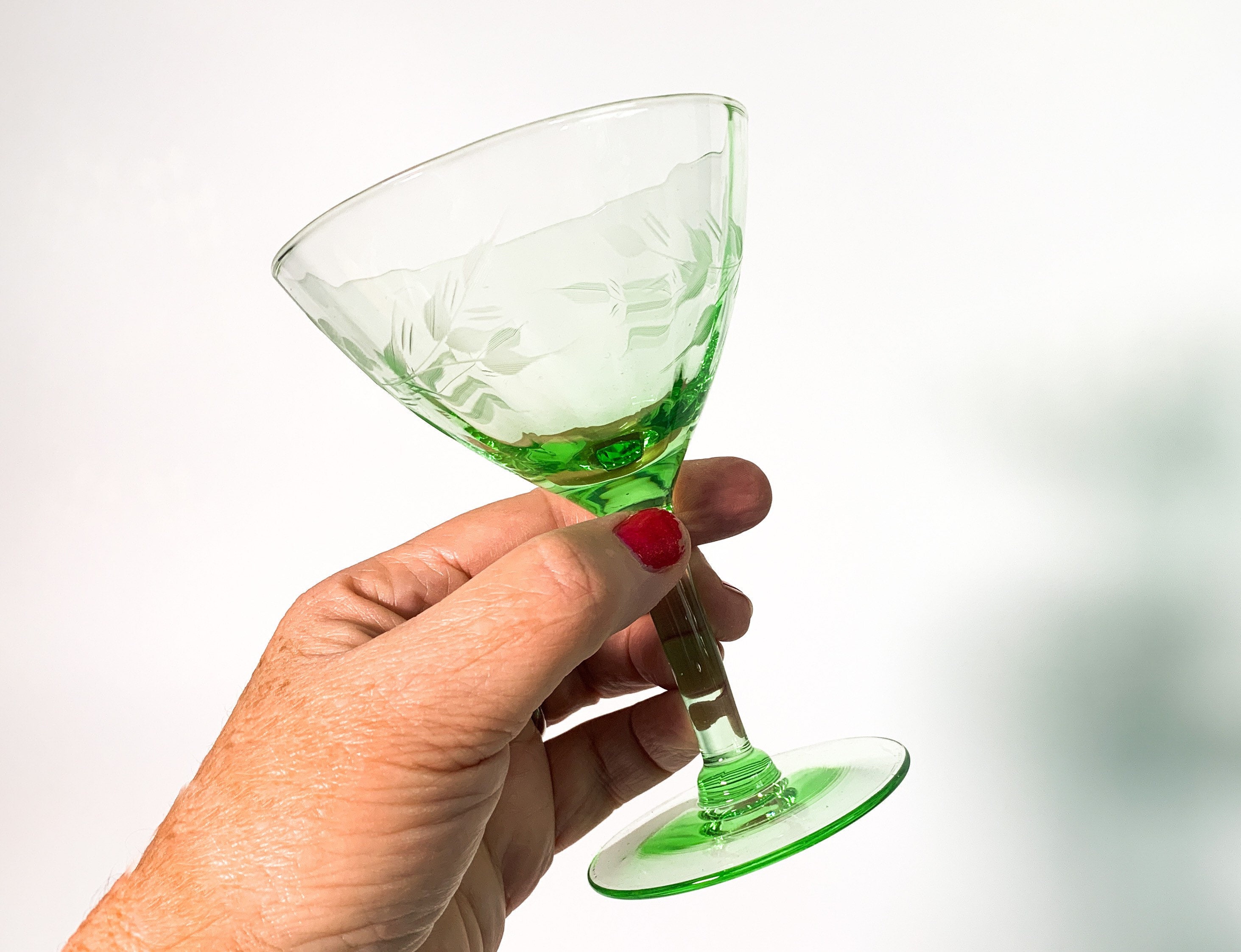 4 Vintage Green Depression Glass Champagne Coupes Glasses Stemware 4 Retro Light Green Base