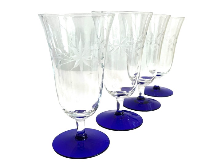 Vintage Set 4 Iced Tea w/ Etched Cut Stars and Vine - Clear Bowl & Stem w/ Cobalt Blue Base - Retro Stemware Drinkware Glasses