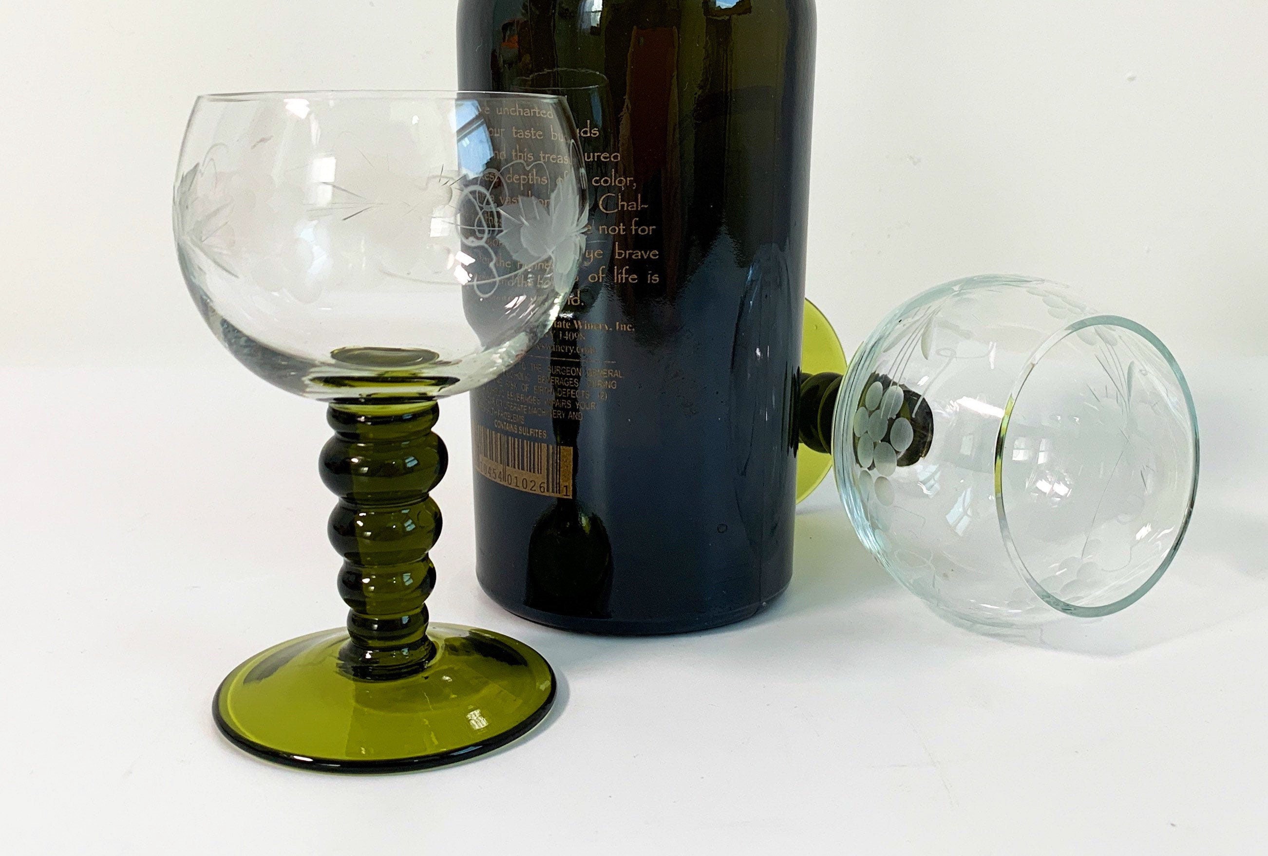 Pair Vintage Roemer Austrian Wine Glasses Set of 2 Green Stem Clear