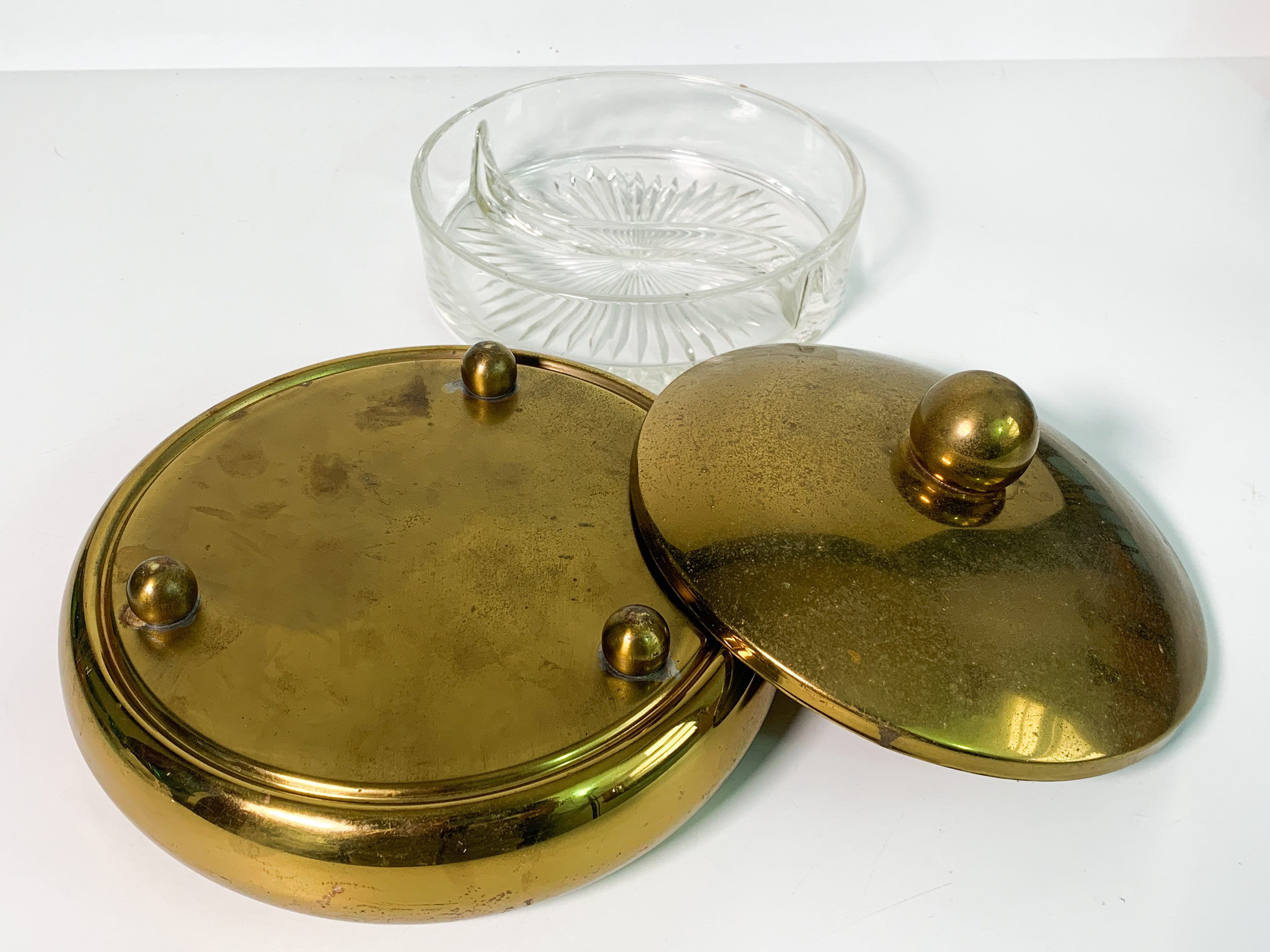 Vintage Round Brass Bowl W/ Lid & Divided Glass Insert Mid Century