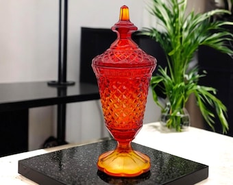 Vintage Amberina Glass Diamond Point Scalloped Base Red Yellow Orange Candy Jar w/ Lid -Retro Kitchen Living Room Home Decor Mid century