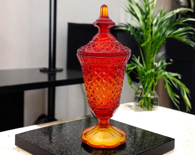 Vintage Amberina Glass Diamond Point Scalloped Base Red Yellow Orange Candy Jar w/ Lid -Retro Kitchen Living Room Home Decor Mid century
