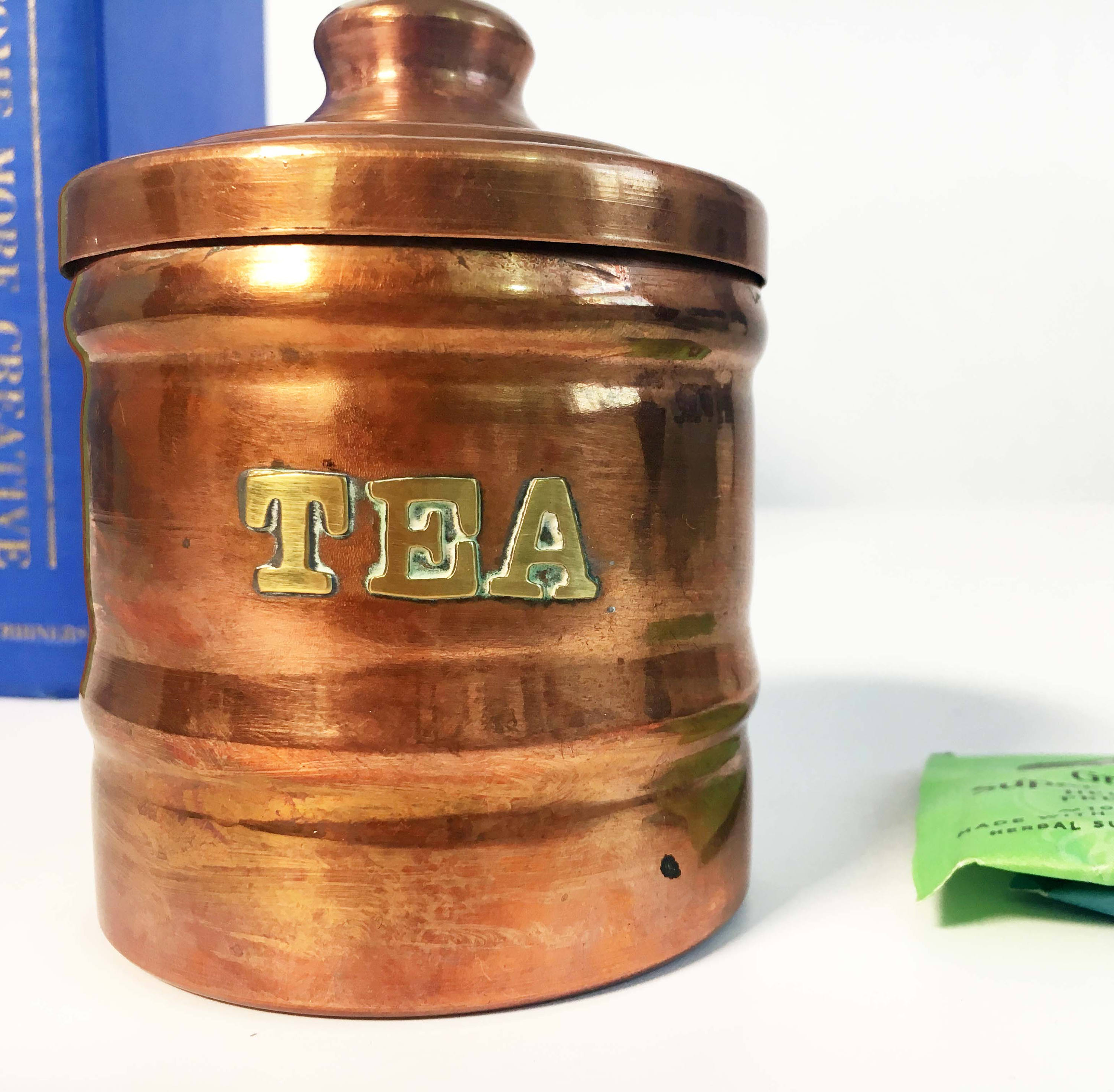 Vintage Copper and Brass Tea Canister Lettered Copper Container with